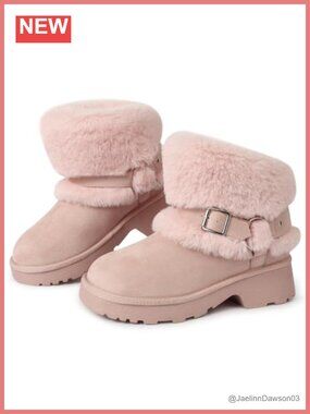 Winter Fur Boots for Women Block Heel Platform Buckle Slip On Snow Boots